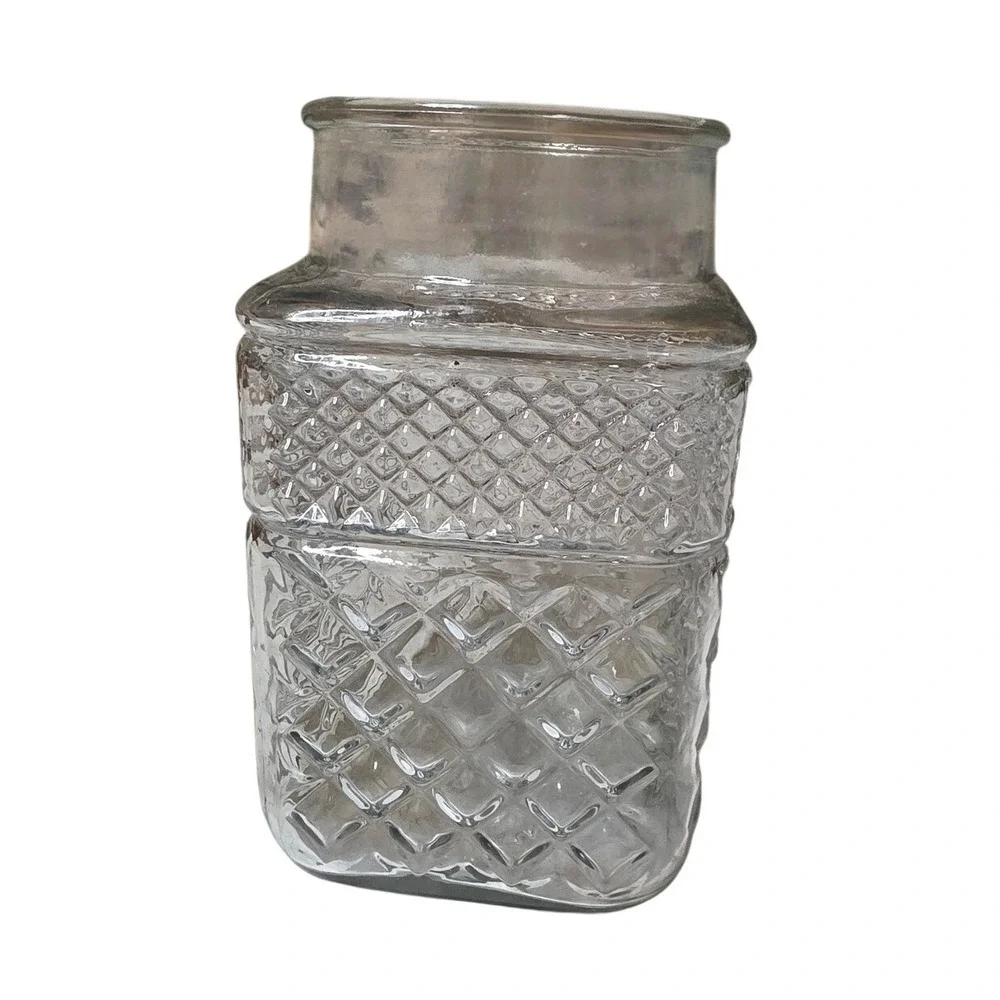 Vintage‎ Clear Glass Square Diamond Quilted Embossed Canister Vase 8.5 Inch
